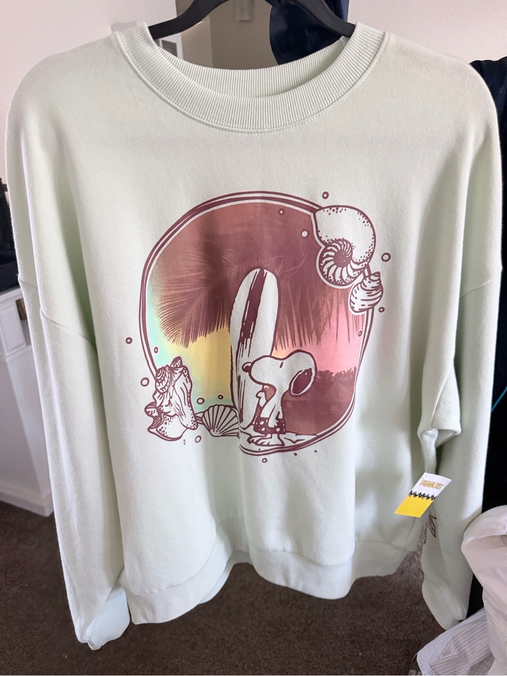 Women Crewneck Sweatshirt with Snoopy Surf Graphic - Light Mint - Picture 2 of 6